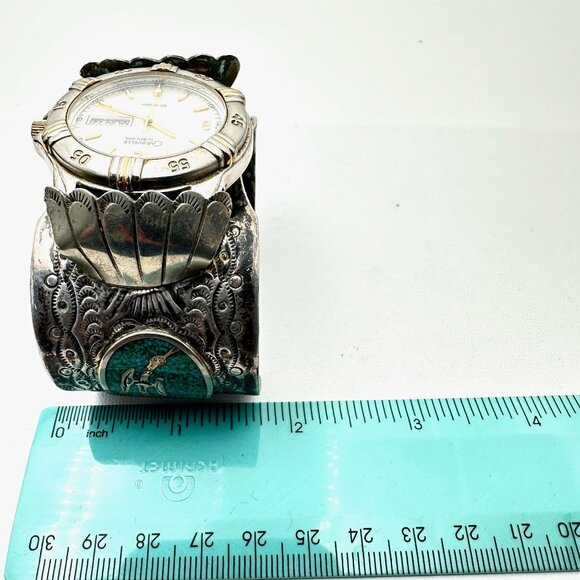 Native American Peyote Bird Inlay Turquoise Sterling Silver Watch Cuff 114 Grams - Picture 6 of 7